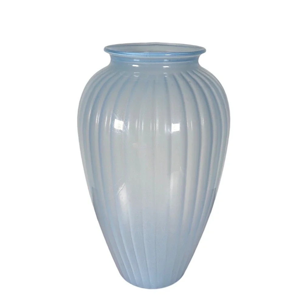 Vintage Light Blue Satin Frosted Glass Ribbed Optic Tapered Flower Vase 12.5